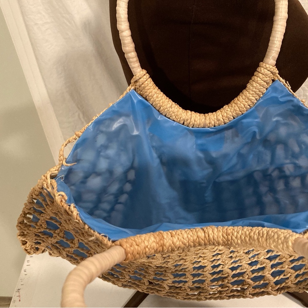 Boho Woven Purse Shopping Tote Lined With Blue Plastic Beach Tote Macrame Look - Picture 6 of 16